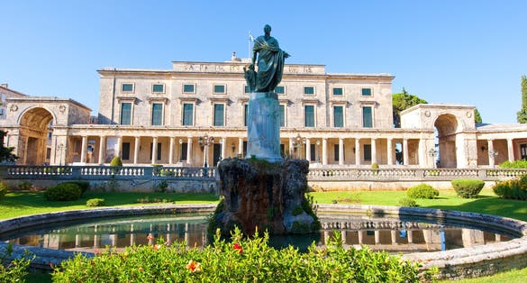 PHOTO OF Statue of Sir Frederick Adam in front of the Palace of St. Michael and St. George in Corfu City on the island of Corfu, Greece.