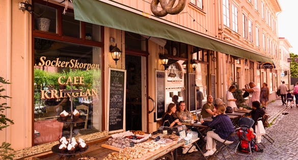 Cafe in pedestrian street Haga Nygata in city center of Gothenburg, Sweden.