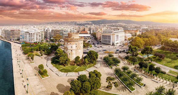 Photo of aerial panoramic view of the main symbol of Thessaloniki city.
