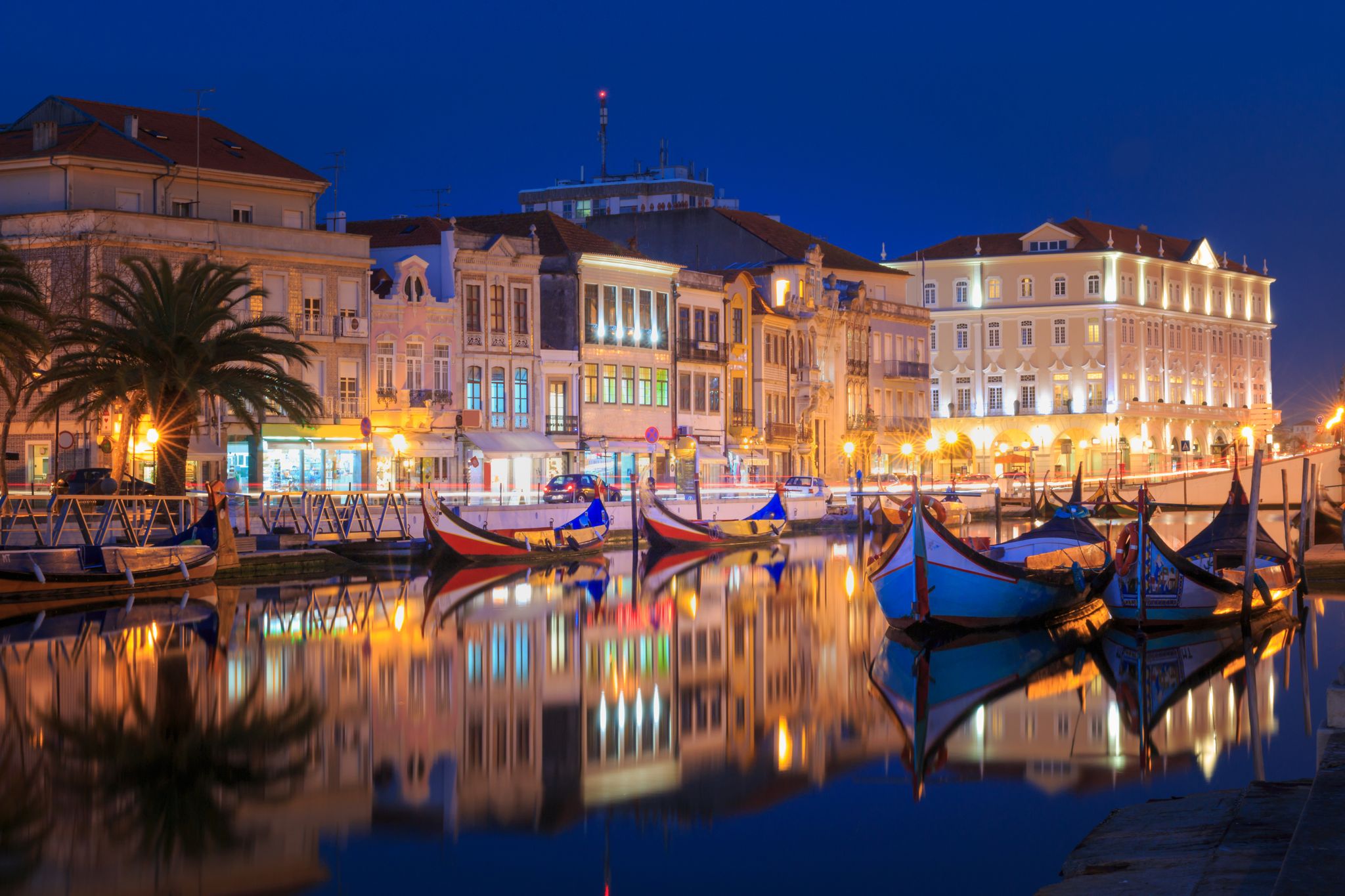 City of Aveiro in the north of Portugal with the water canals by night