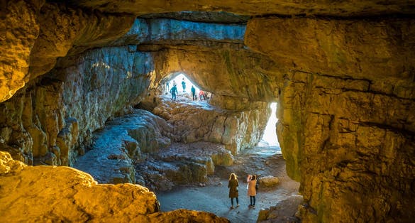 photo of view of szelim cave at sunset, hungarian cave interior in Tatabanya.