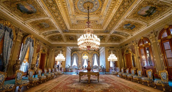Interior view of Dolmabahce Palace (Blue Hall). Dolmabahce is the largest palace and one of the most important historical monuments in Istanbul, Turkey.