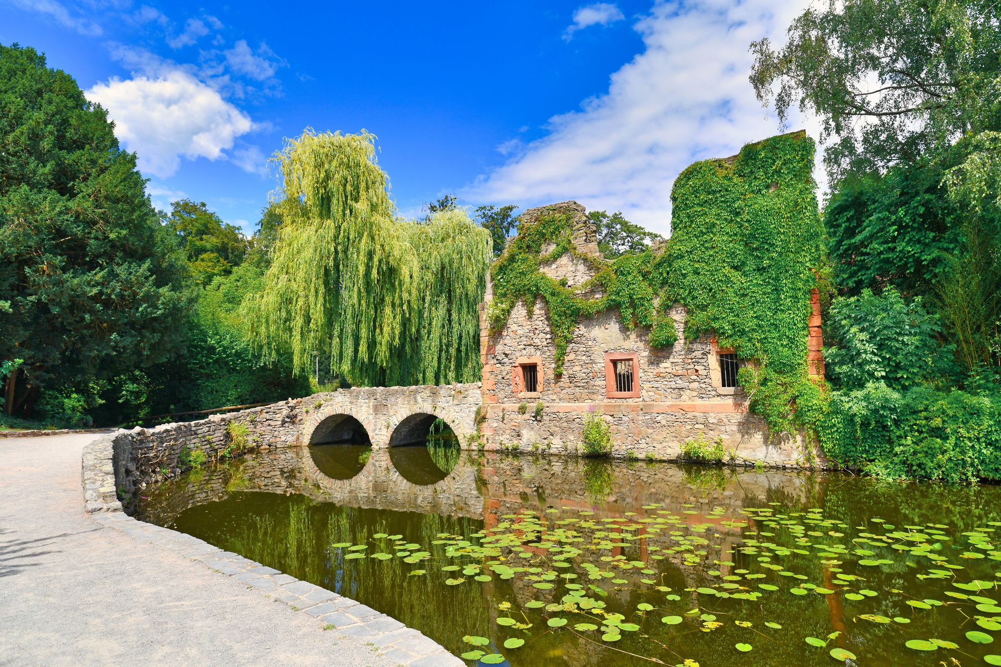 photo of view of Old ruin called 'Kirchenruine zum heiligen Grab' in front of pond in public park called 'Schöntal' in center of German city Aschaffenburg
