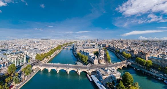 photo of aerial panorama view of river Seine and Pont Neuf bridge in Paris, France.