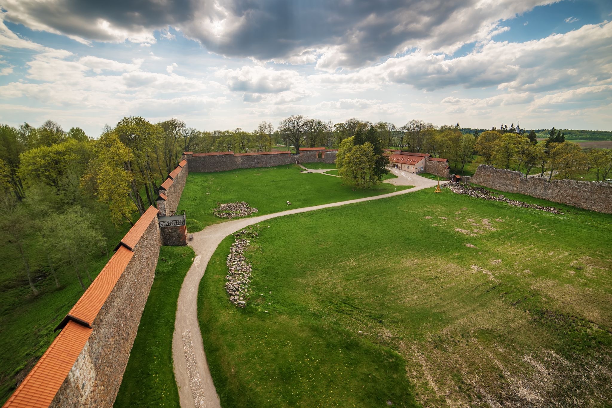 Lithuania: aerial view of gothic Medininkai castle in spring