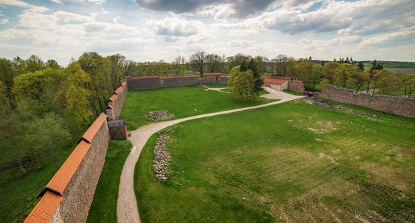 Lithuania: aerial view of gothic Medininkai castle in spring