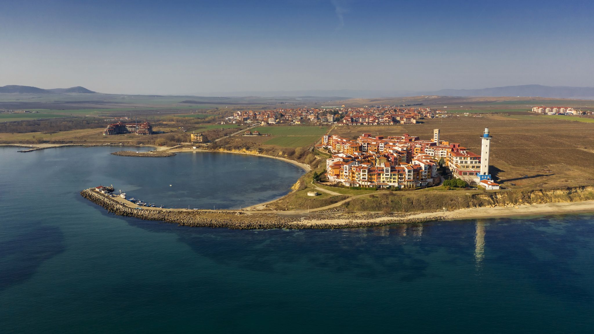 Aerial view into sea resort Aheloy on the Bulgarian Black Sea coast