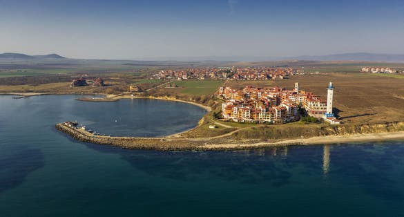 Aerial view into sea resort Aheloy on the Bulgarian Black Sea coast