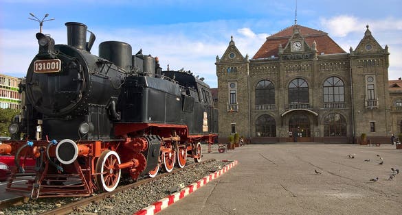 Aerial photography of the train station in Arad city, Romania. 