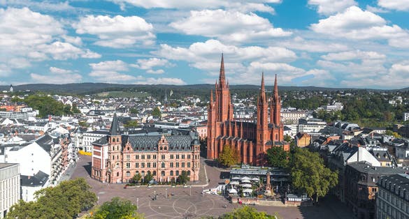 Aerial summer skyline cityscape of Wiesbaden-Mitte: Schlossplatz, Marktkirche. Wiesbaden, Hesse, Germany.