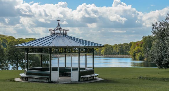 Roundhay park, Leeds, Yorkshire. Victorian bandstand at Waterloo lake.