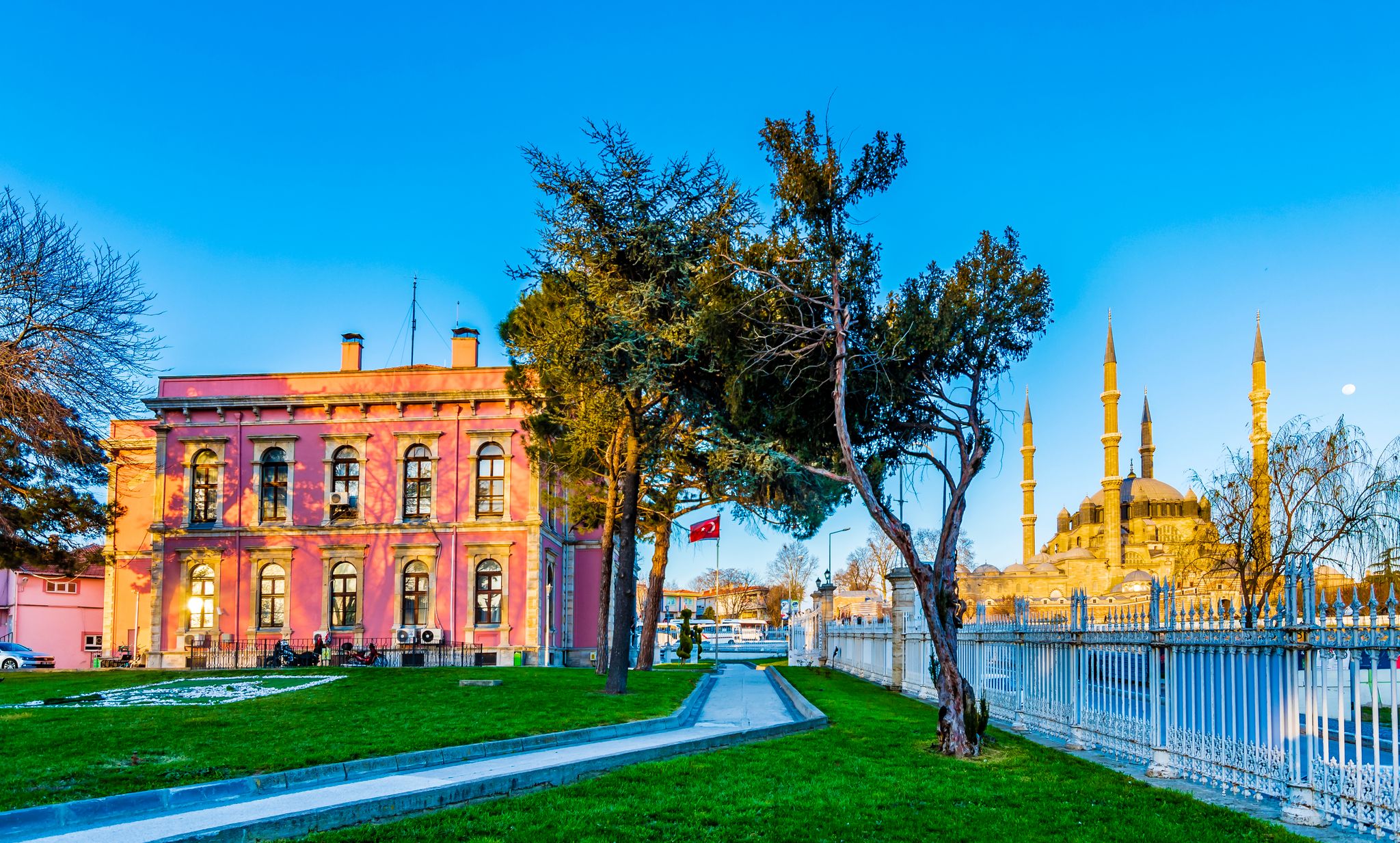 Photo of historical Municipality of Edirne building and Selimiye Mosque view in Edirne City, Turkey.