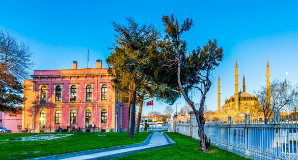 Photo of historical Municipality of Edirne building and Selimiye Mosque view in Edirne City, Turkey.