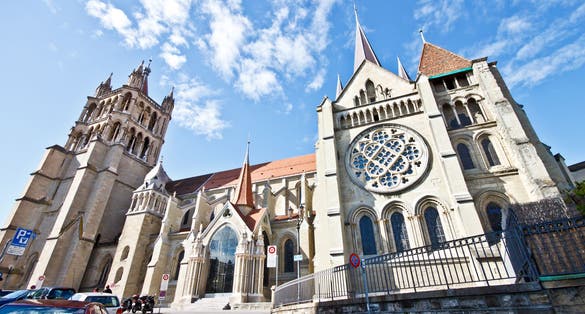 photo of Lausanne Cathedral with blue sky, Lausanne, Switzerland.