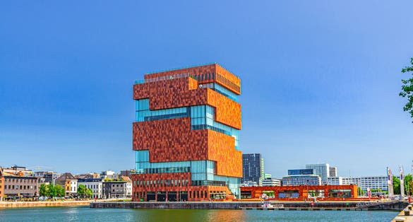 MAS Museum aan de Stroom Museum by the Stream, modern warehouse spiral tower building, Bonaparte Dock in Eilandje district Antwerp city historical centre, Antwerpen port area, Flemish Region, Belgium