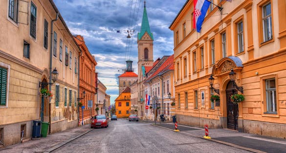 Photo of historical part of Zagreb with middle age houses and churches.