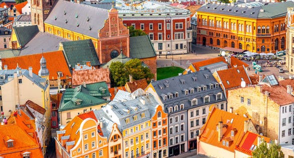 Photo of aerial view on the old town with beautiful colorful buildings in Riga city, Latvia.