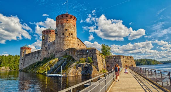 Photo of bridge to the Olavinlinna Olofsborg, the 15th-century medieval three-tower castle located in Savonlinna, Finland.