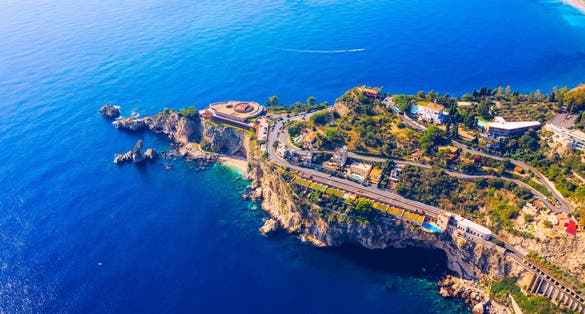  View of Taormina located in Metropolitan City of Messina, on east coast of Sicily island, Italy.