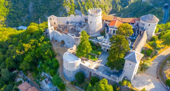 Photo of aerial view of Trsat fortress in Rijeka, Croatia.