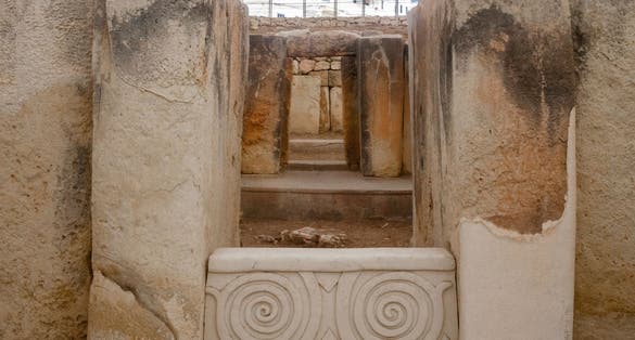 Photo of Tarxien temple oracle spiral door, island of Malta.