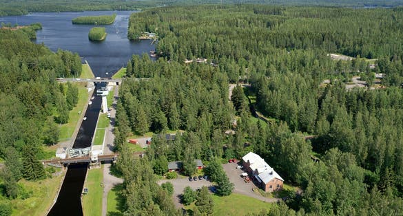 Aerial shot of Canal area of Taipale and canal museum. Beautiful summer day in city of Varkaus Finland