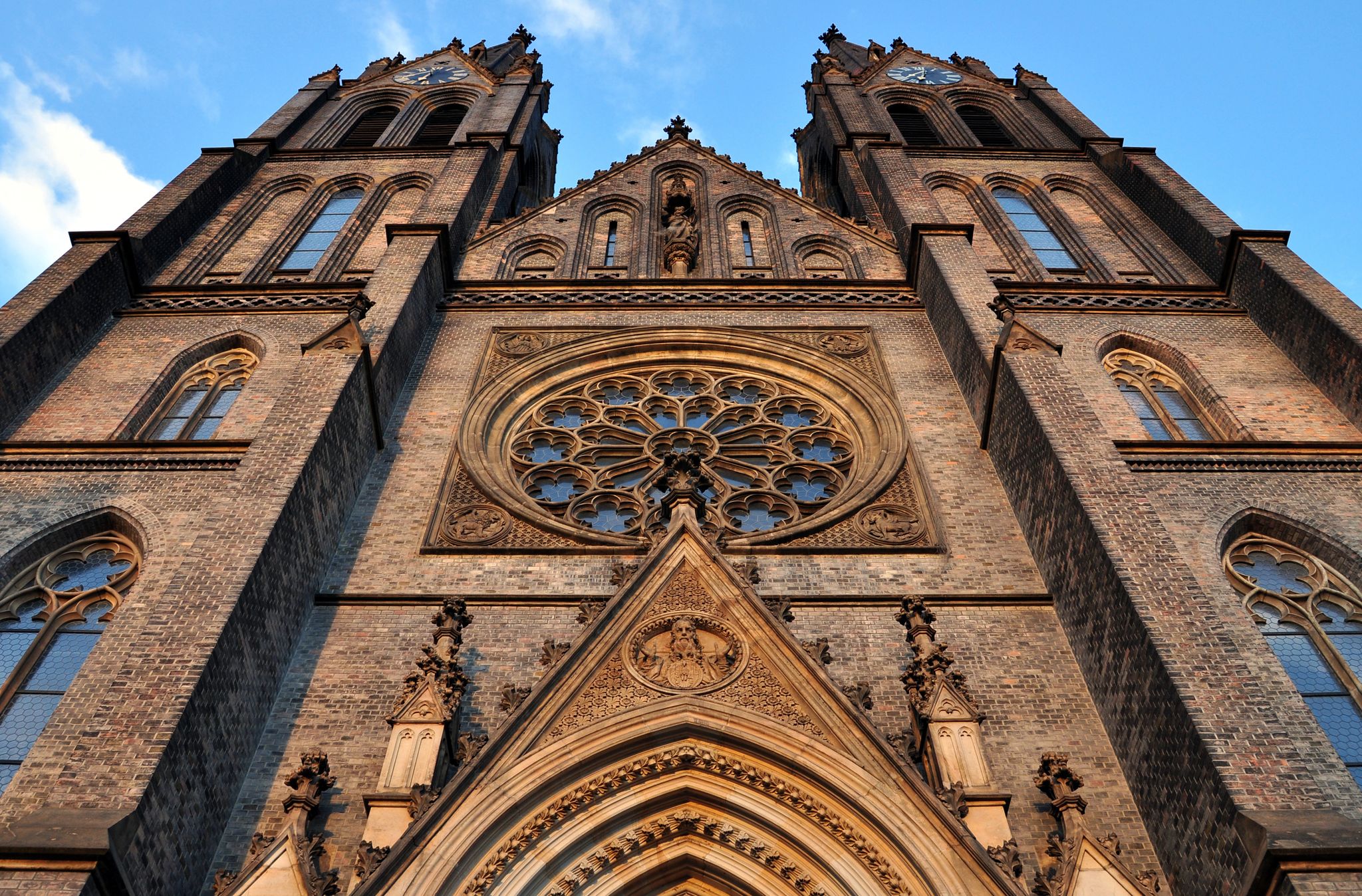 Photo of front wall of Saint Ludmila Church on Peace Square in Prague, Czech Republic.