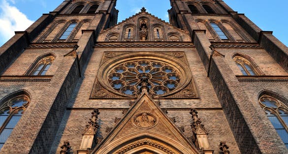 Photo of front wall of Saint Ludmila Church on Peace Square in Prague, Czech Republic.