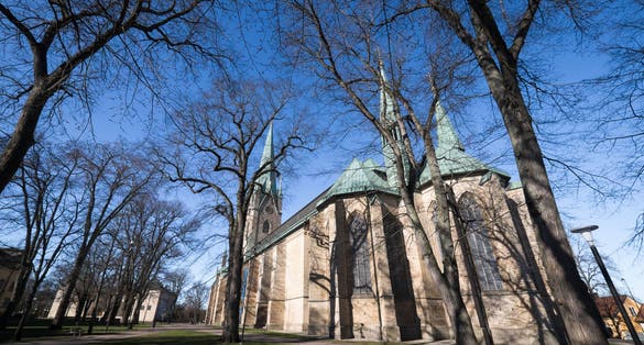 photo of back view of Linköping Cathedral with blue sky and trees in Östergötland County, Sweden.