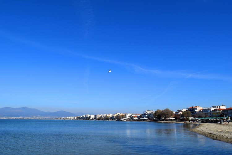 View of Neoi Epivates and Peraia, suburbs of Thessaloniki, Greece. Blue sea landscape.