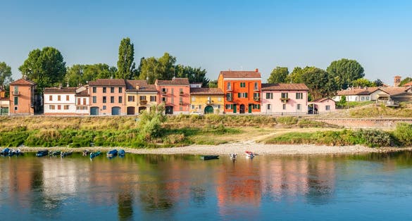 Colored houses along the south bank of river Ticino in Pavia in northern Italy