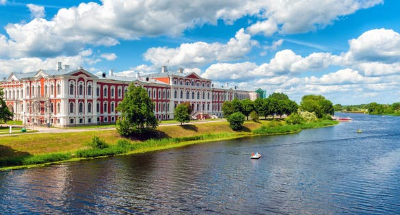 Panoramic view on river Lielupe and Jelgava Palace the largest Baroque-style palace in the Baltic states, Latvia