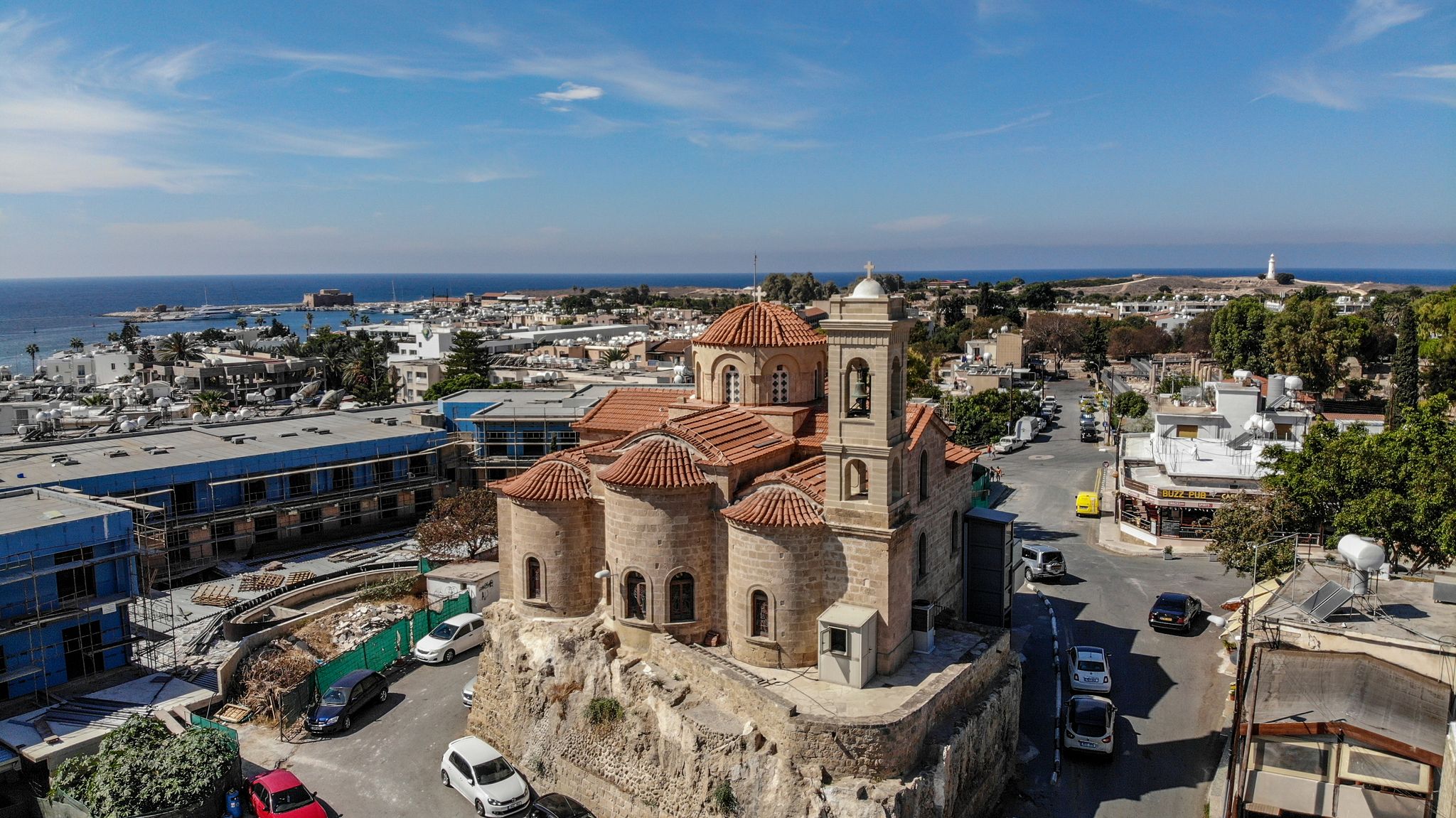 Photo of beautiful aerial view of the of Panagia Theoskepasti orthodox church in Paphos, Cyprus
