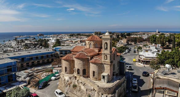 Photo of beautiful aerial view of the of Panagia Theoskepasti orthodox church in Paphos, Cyprus