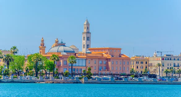 View of the Bari waterfront dominated by the Margherita theater and San Sabino Cathedral, Italy.