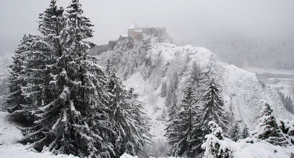 photo of view of view from fort malher, fort de cluses and mijoux, towards pontarlier, in the doubs, france, in winter on the chateau de joux.