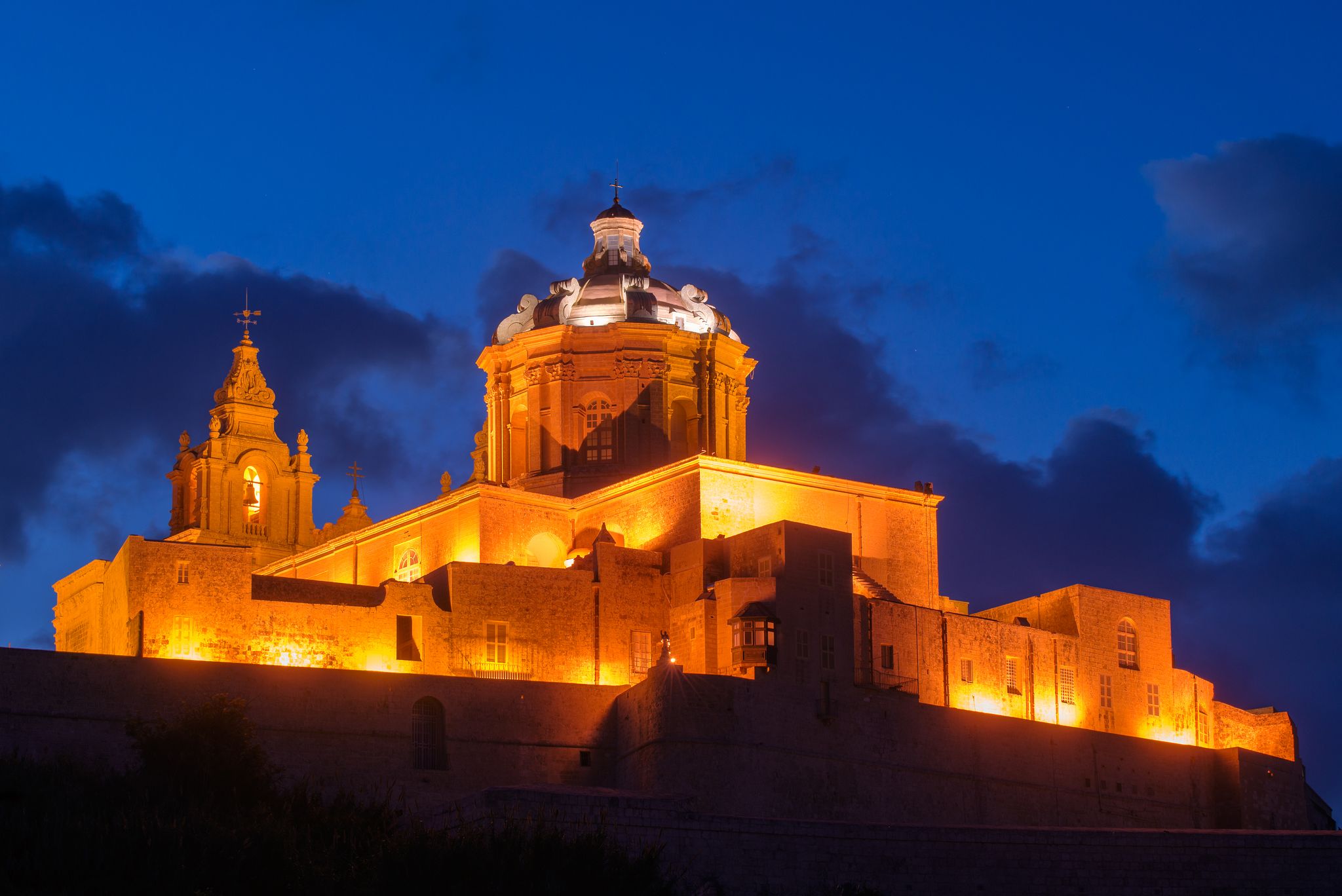 Photo of The St. Paul's Cathedral at night in Malta's old capital Mdina.