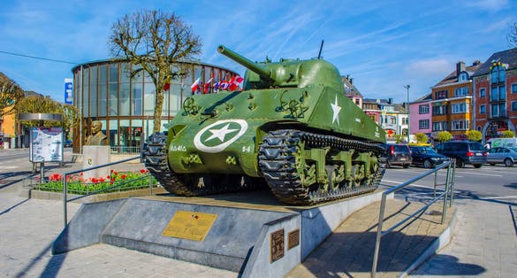 Photo of Tank commemorating second world war on the main square of Bastogne, Belgium.