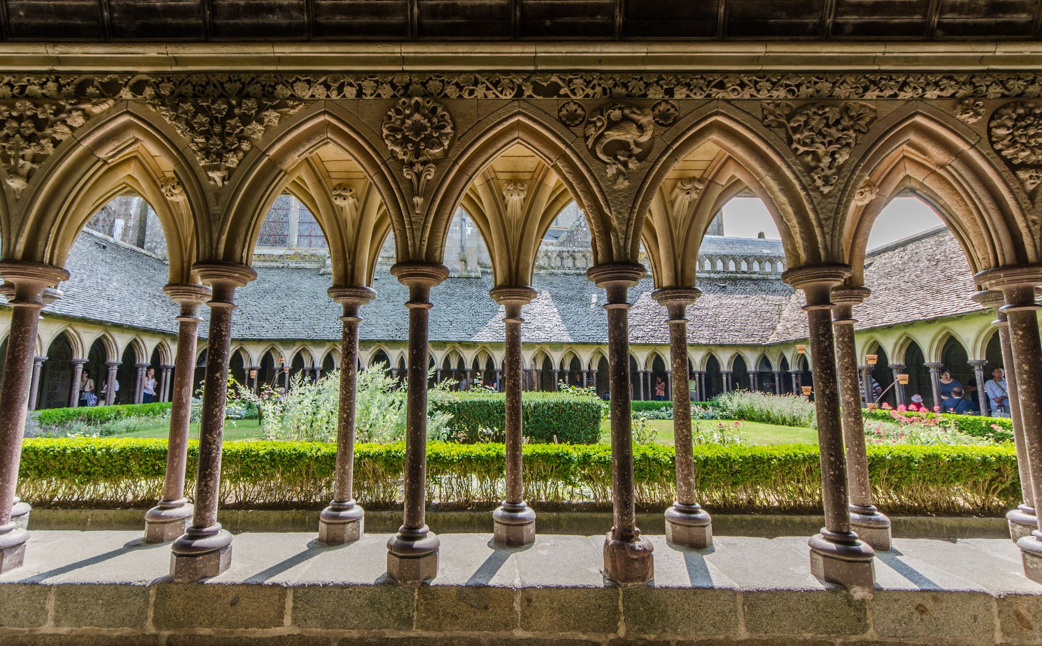 Photo of columns in cloister of the church on the top of hill of le Mont Saint Michel, It is one of France's most famous landmarks.