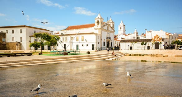 View to church Igreja de Santo Antonio in the old town of the historic centre of Lagos, Algarve Portugal.