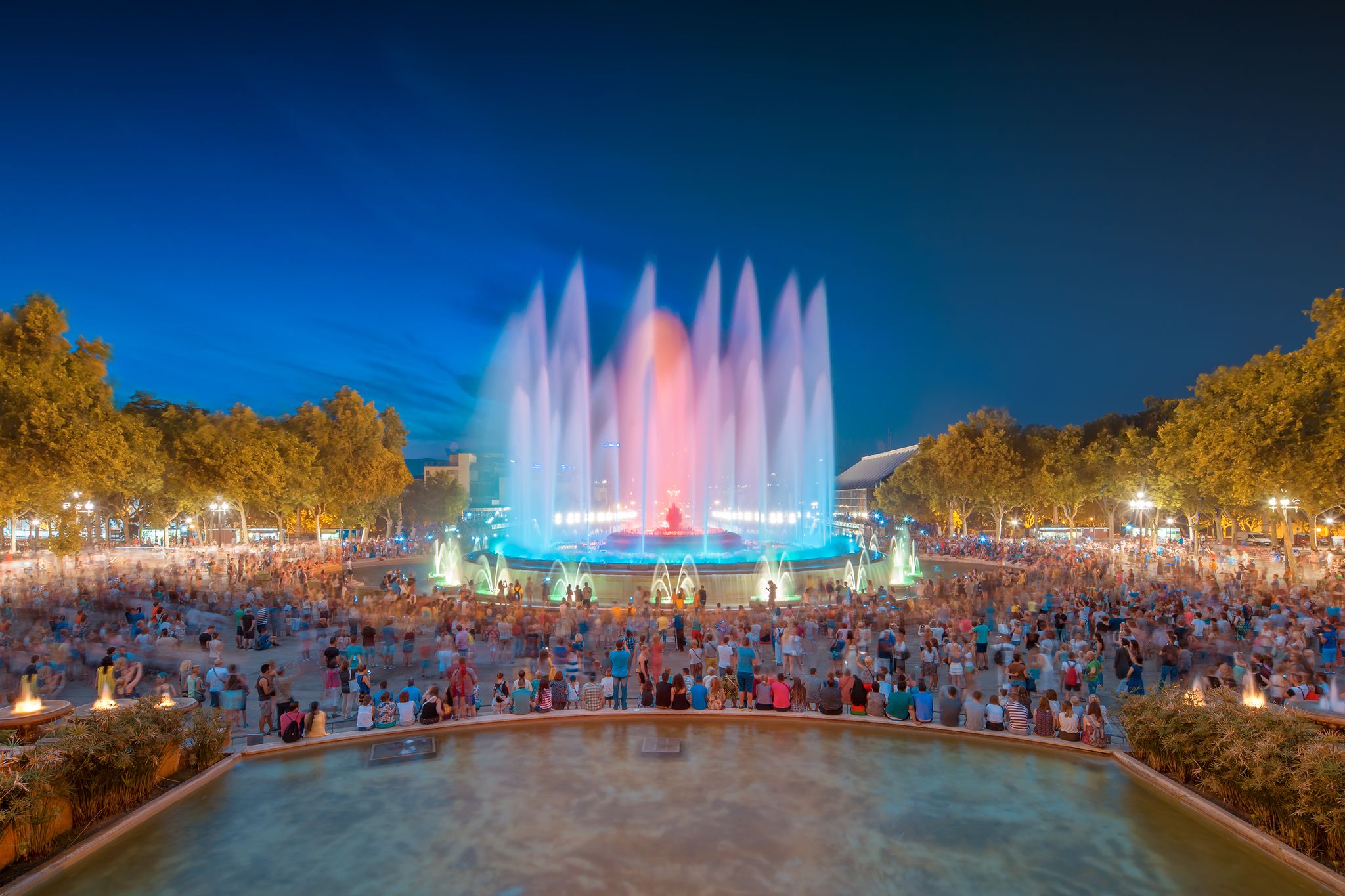 Photo of night view of Magic Fountain light show in Barcelona, Spain.