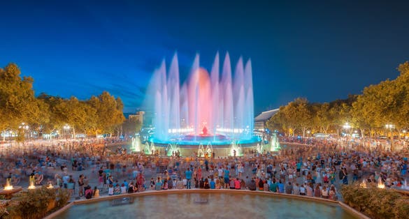 Photo of night view of Magic Fountain light show in Barcelona, Spain.