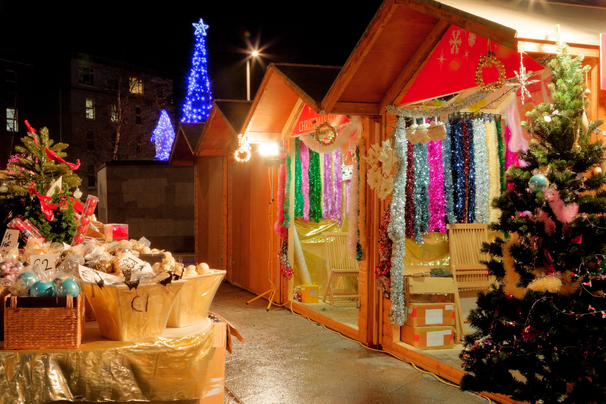 Photo of Continental Christmas Market in Eyre Square, Galway, at night time.