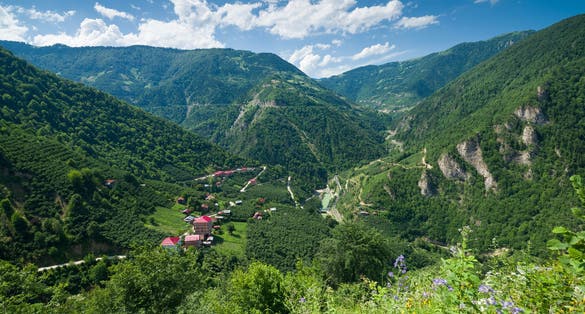 Photo of aerial view of Giresun Kuzalan Nature Park. Aksu river and beautiful Black Sea vegetation. Dereli, Giresun, Turkey.