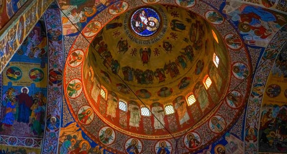 Decorative interior view of Ascension Cathedral in Targu Mures Transylvania Romania.