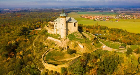 Photo of aerial view of Kunetice Mountain Castle, Raby, Czech republic.