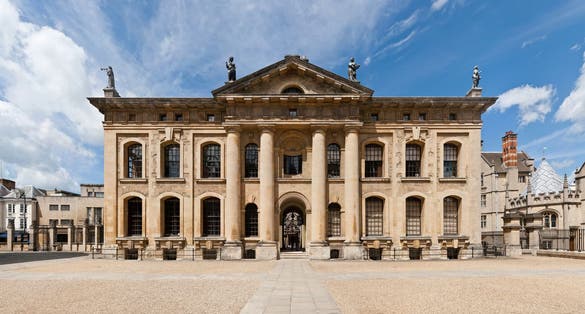 A perspective corrected view of the South face of the Clarendon Building in Oxford, England.