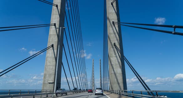 The Oresund Bridge is a combined motorway and railway bridge between Sweden and Denmark (Malmo and Copenhagen)