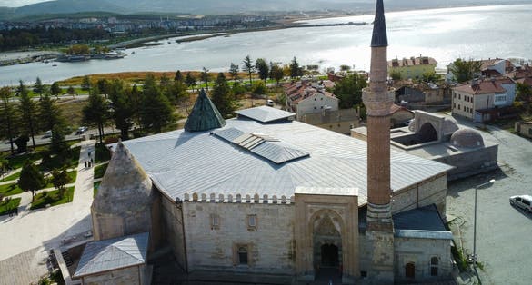 photo of aerial view of Eşrefoğlu Mosque in Beyşehir, Konya Province, Turkey.