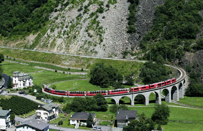 Brusio spiral viaduct, Brusio, Bernina, Grisons, Switzerland